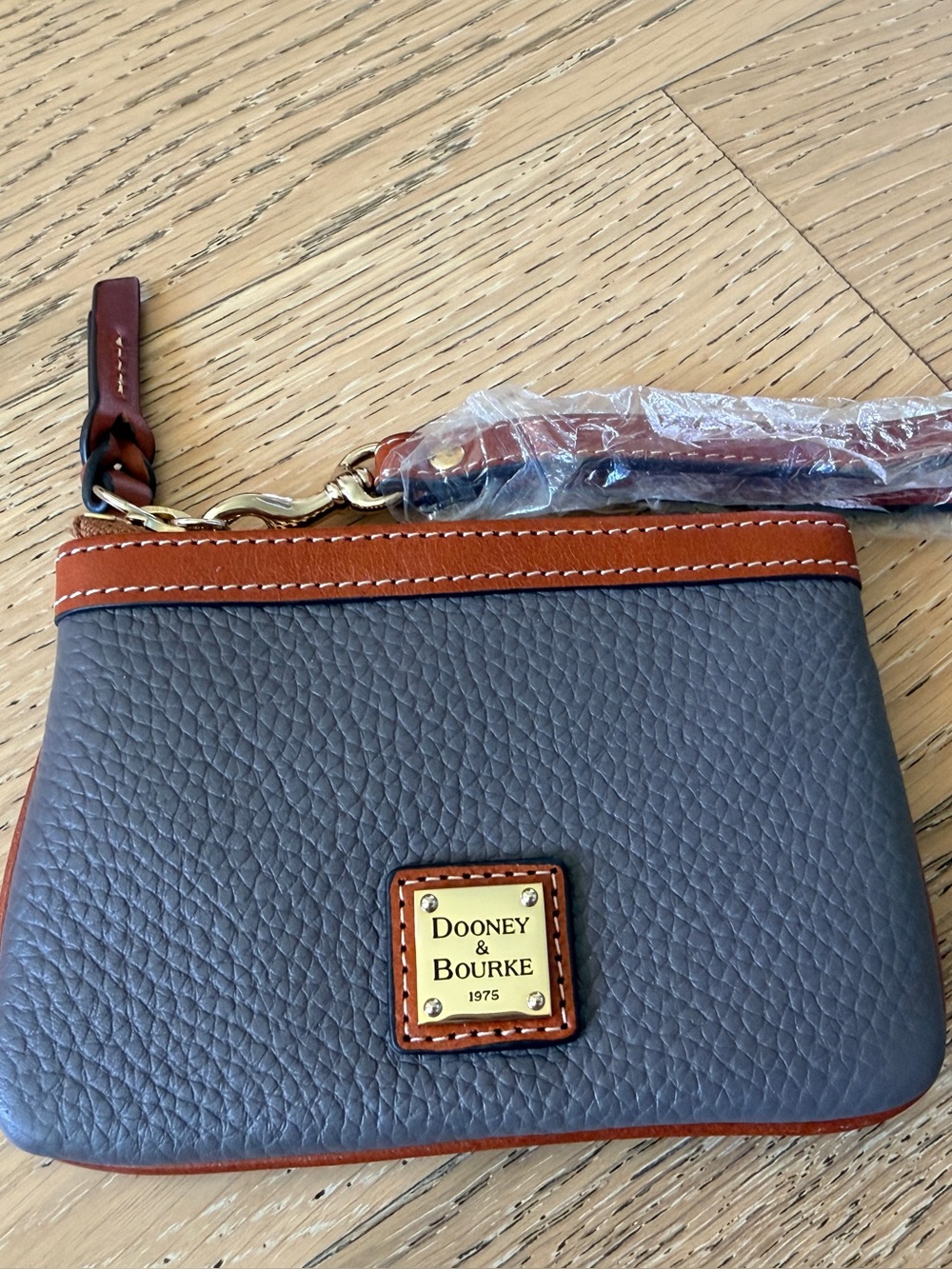 Dooney & Bourke Elephant Gray Pebbled Leather Wristlet with Tan Trim